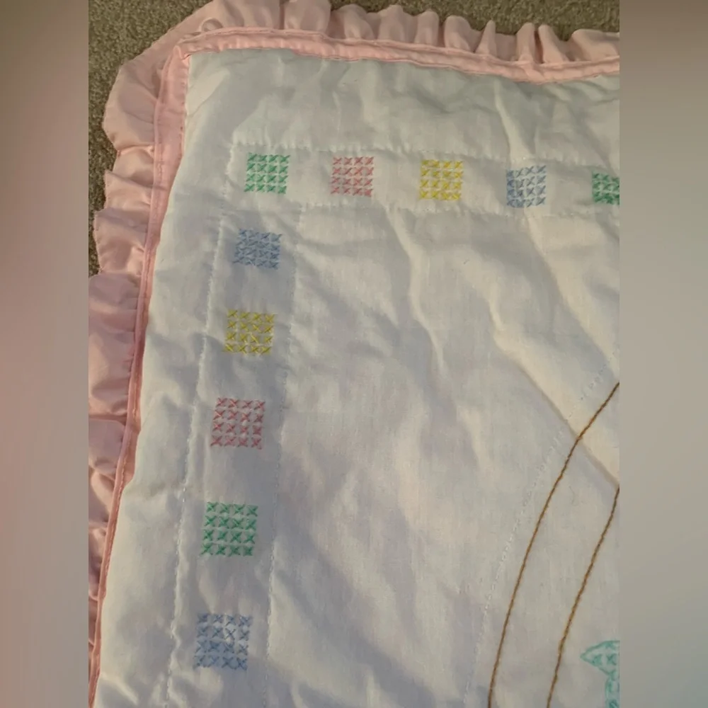 Homemade Pink and White Baby Quilt with Bear Design